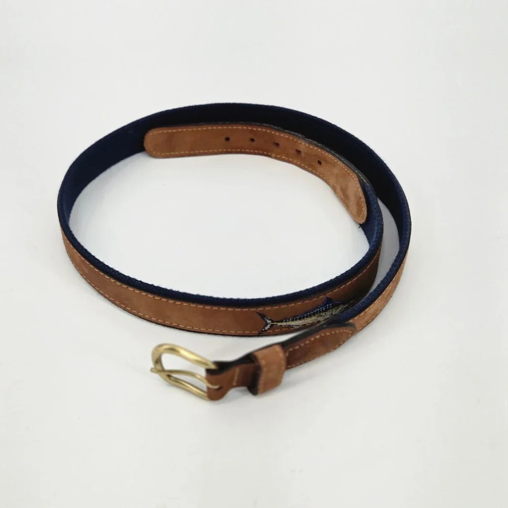 Zep-Pro Men's Tan Leather Embroidered Marlin Fishing Belt Brass Buckle USA 38